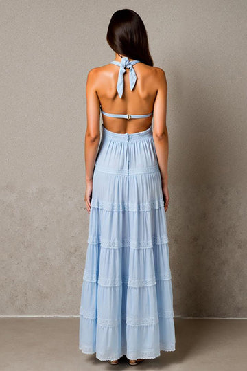 Halter A Line Sky Blue Ruched Evening Dress